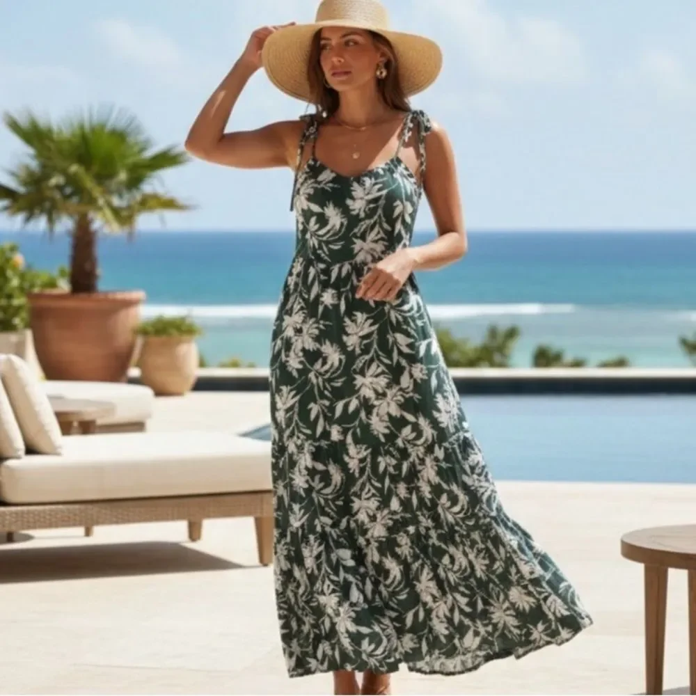 Abercrombie & Fitch Trapeze Maxi Dress Green Floral Sleeveless Boho Women’s XS
